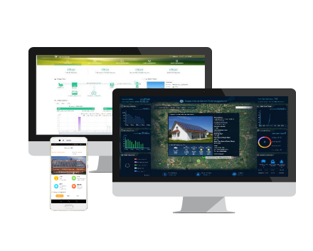 Image showcasing the SMART PV MANAGEMENT SYSTEM interface on various devices including a PC, Mac, and smartphone, highlighting its cross-platform availability.